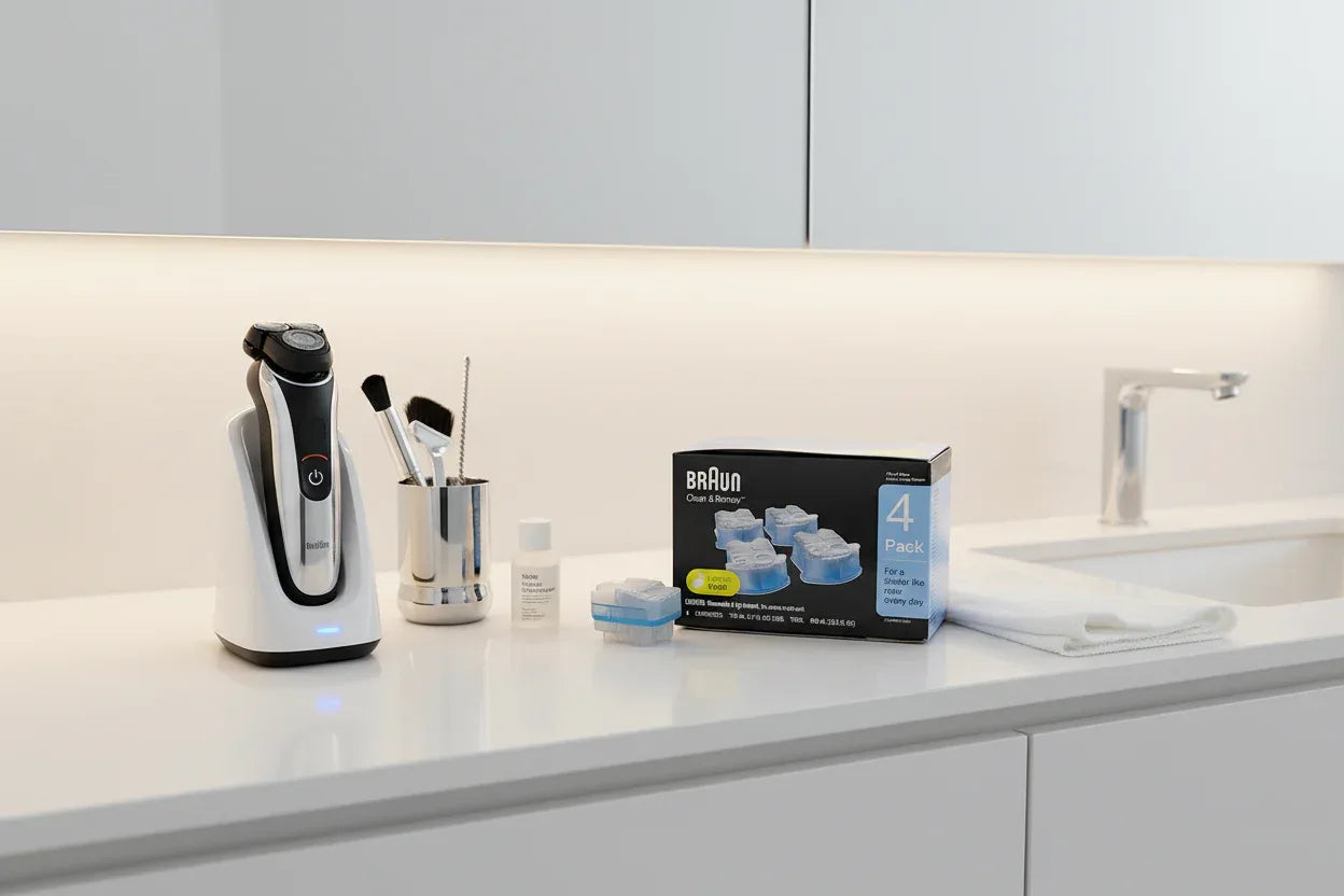 Modern uncluttered bathroom vanity setup showing premium electric shaver care items