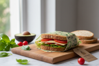 SuperBee Sandwich Wax Wrap 33x33cm wrapping a sandwich on wooden cutting board with fresh ingredients
