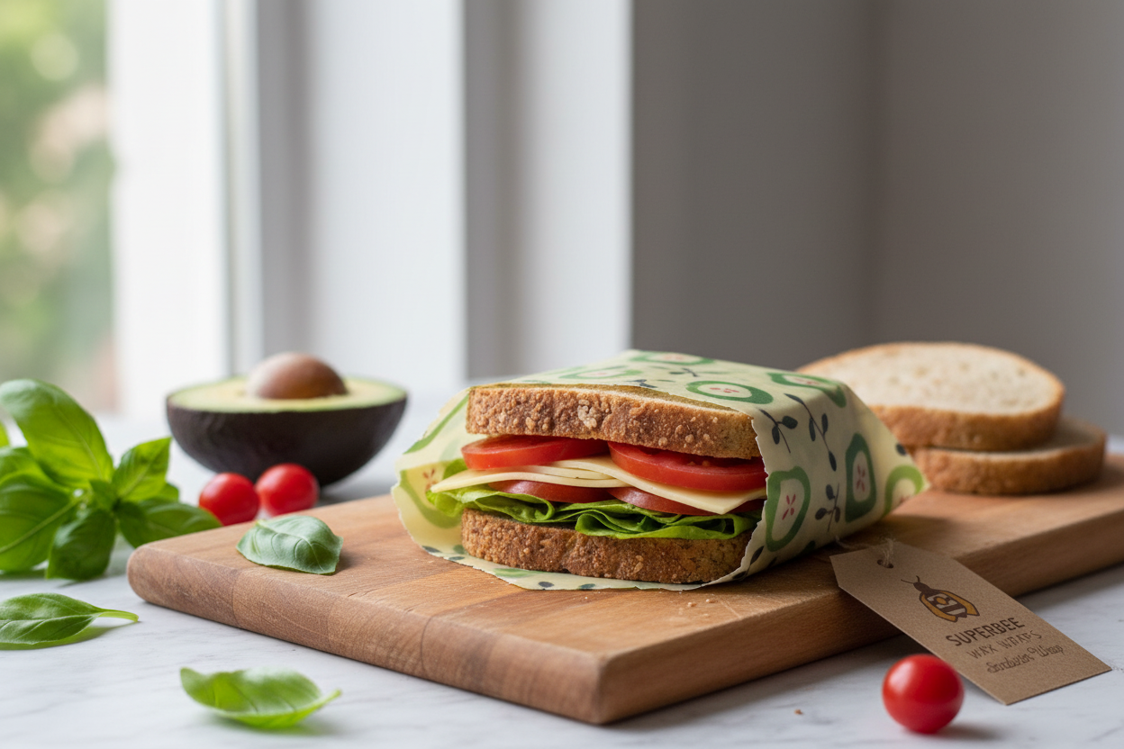 SuperBee Sandwich Wax Wrap 33x33cm wrapping a sandwich on wooden cutting board with fresh ingredients