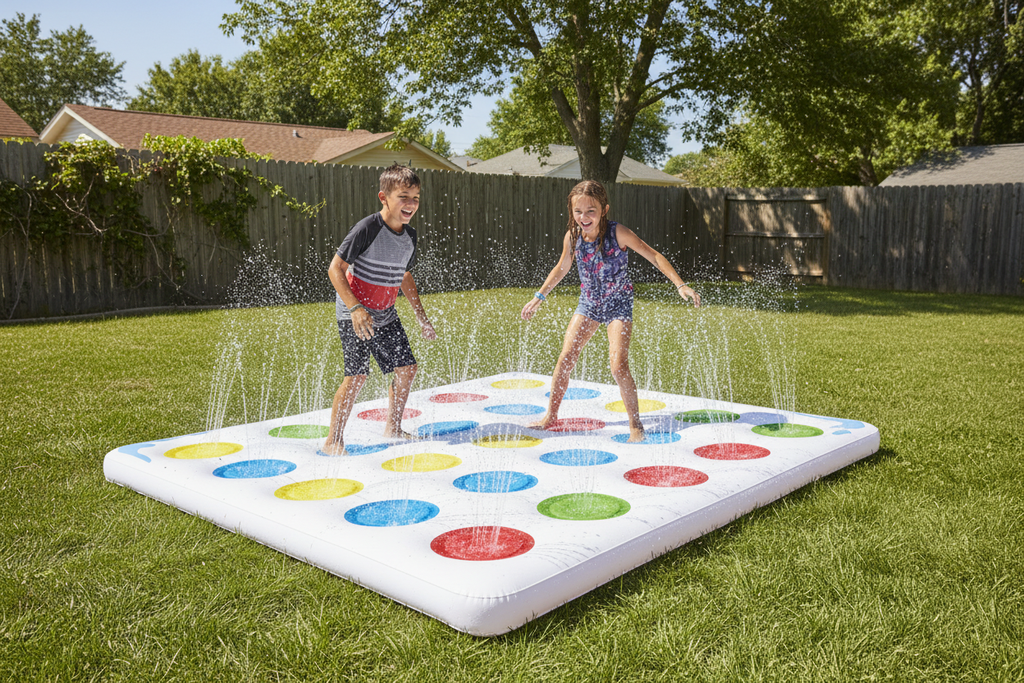 Twister Splash game mat suburban backyard two kids playing Twister water spraying sunny afternoon