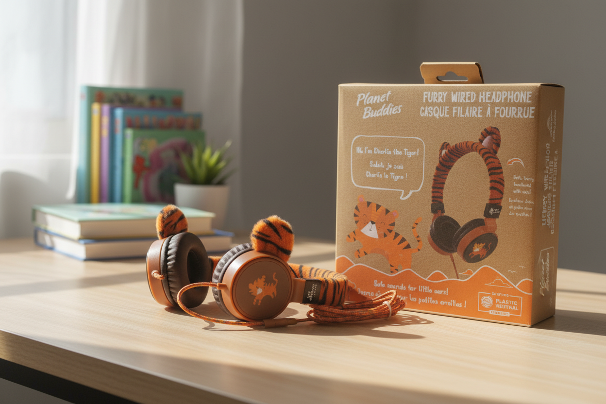 Planet Buddies Charlie the Tiger furry wired headphones on wooden study desk in soft natural daylight