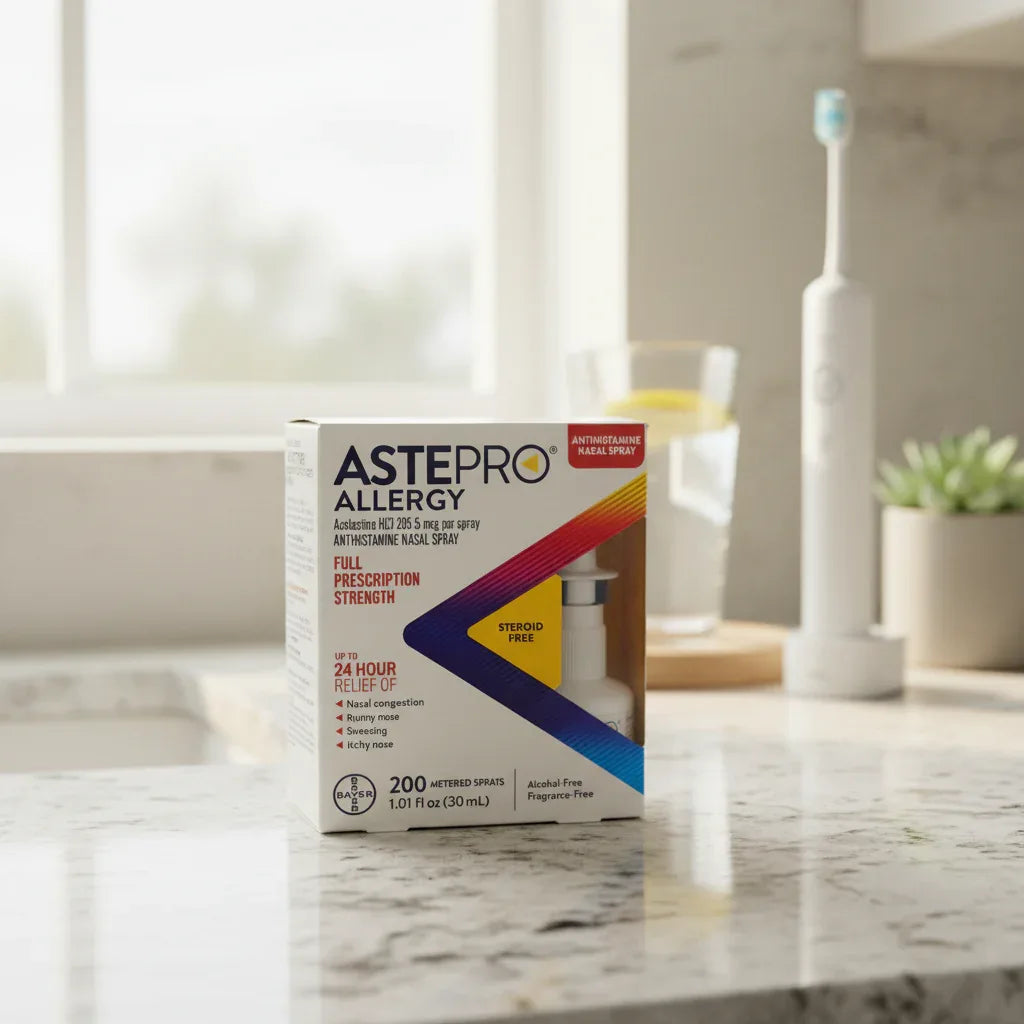 Astepro Allergy 200 spray nasal spray on granite countertop morning light lifestyle image