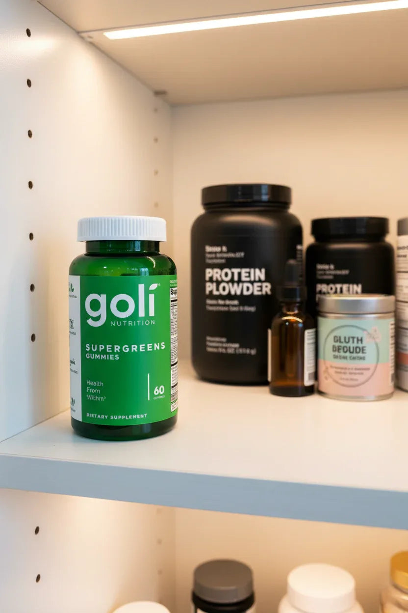 Goli Supergreens Gummies jar in organized white wood pantry shelf with health supplement containers — More4less Outlet