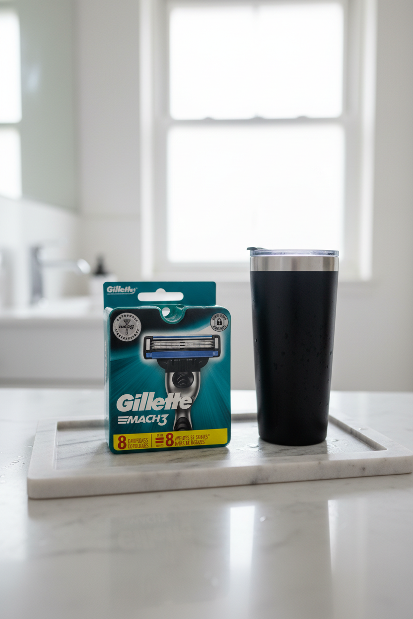 Gillette Mach3 8-count razor refills on marble tray next to morning coffee tumbler efficient morning routine