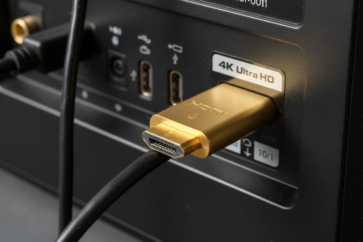 Close-up of gold-plated HDMI cable connector plugged into back of 4K Ultra HD television
