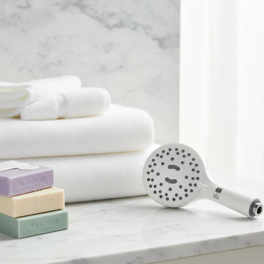 Waterpik ShowerCare therapeutic shower head on marble vanity with fluffy white towels and premium bath soaps