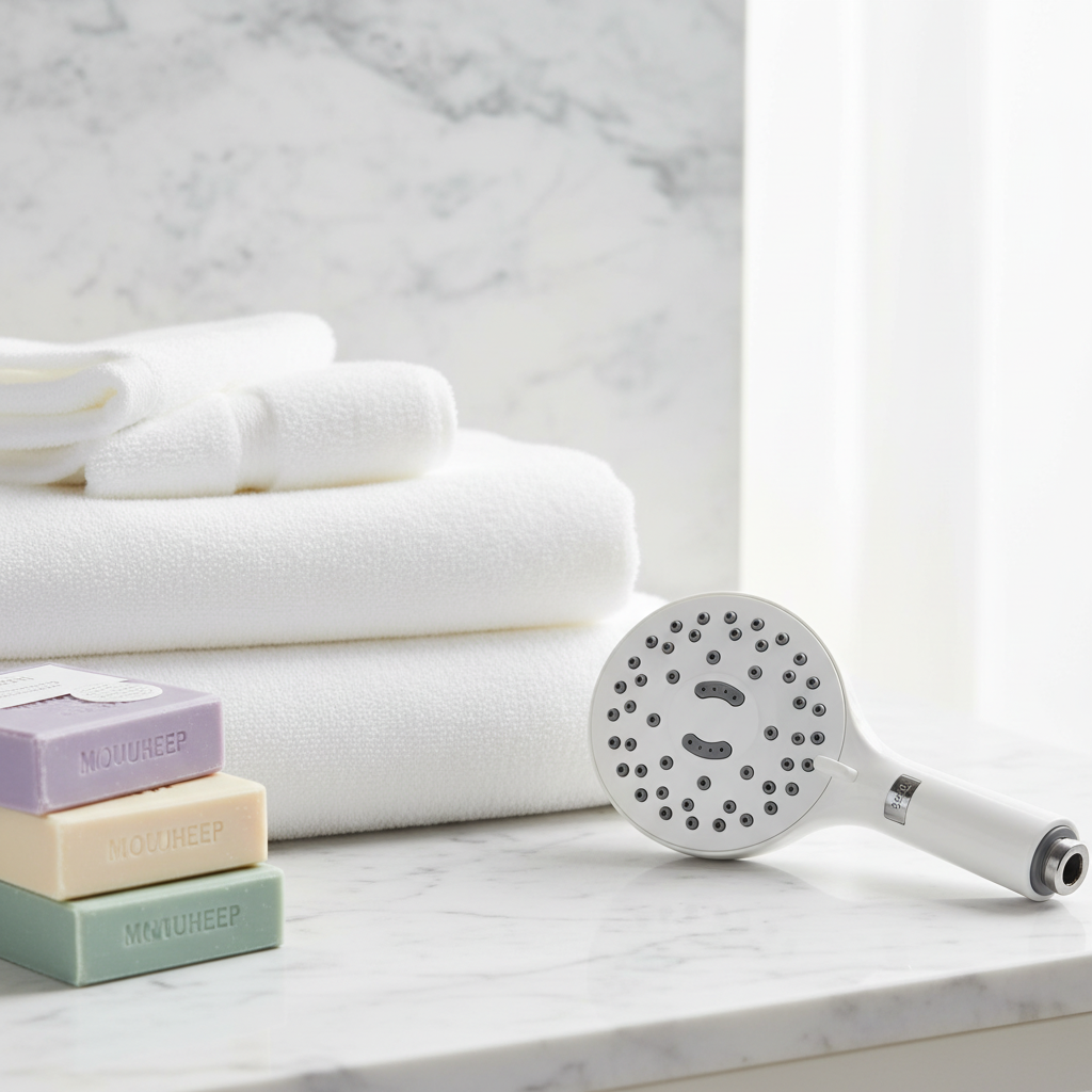 Waterpik ShowerCare therapeutic shower head on marble vanity with fluffy white towels and premium bath soaps