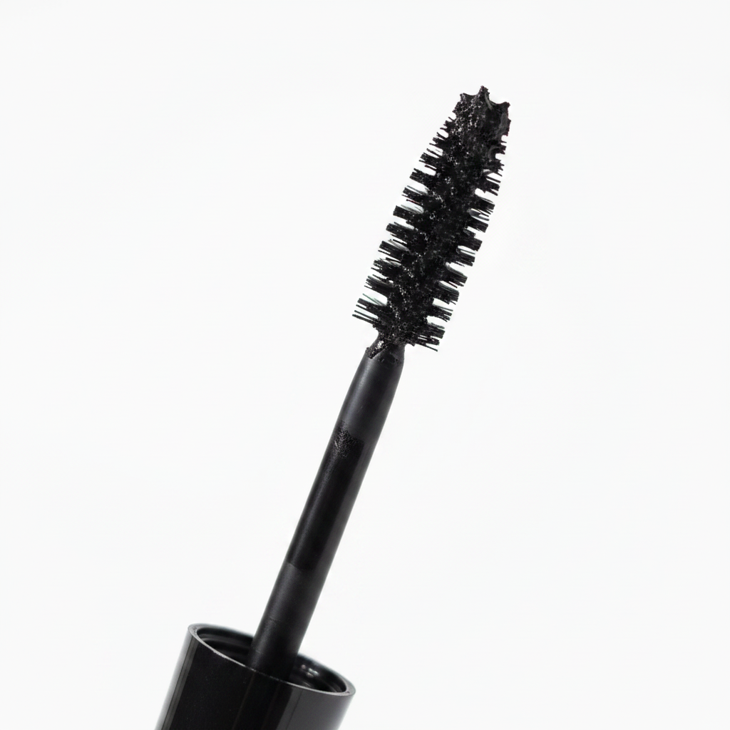 Close-up macro of Mary Kay Lash Love Lengthening Mascara wand pulled from its glossy black tube — showing the flexible sculpted brush with fine bristles coated in rich black mascara formula on a white background