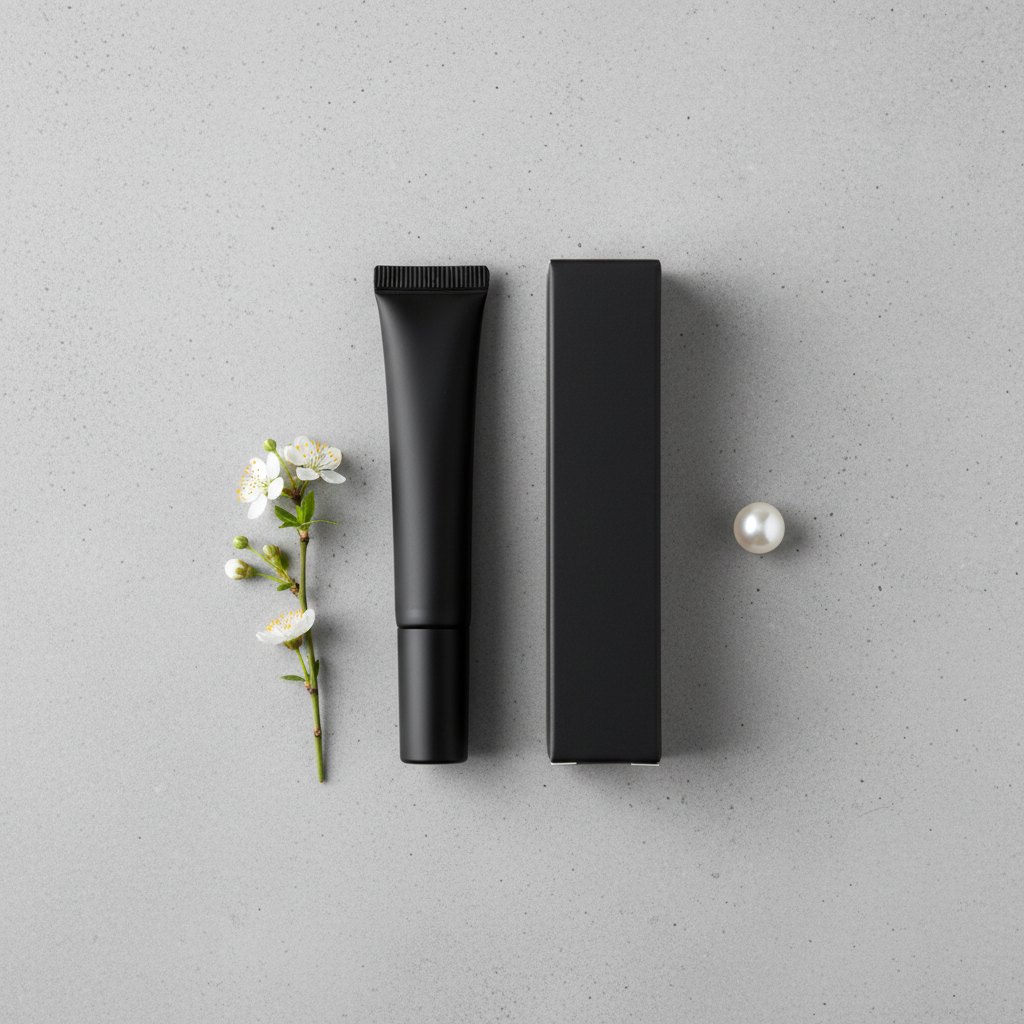 Minimalist flat-lay of black lip treatment tube and box with white flowers on gray concrete – luxury beauty product photography