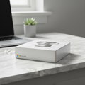 Microsoft LifeCam Cinema HD webcam in retail box on clean marble desk professional tech product lifestyle photography