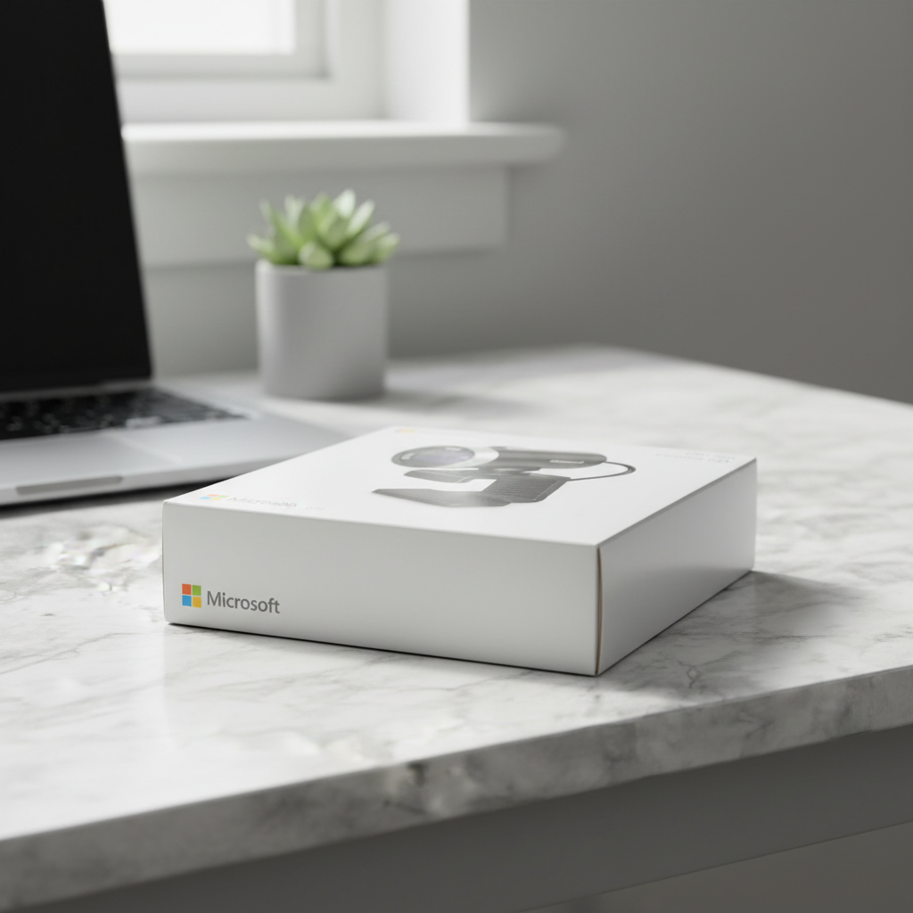 Microsoft LifeCam Cinema HD webcam in retail box on clean marble desk professional tech product lifestyle photography