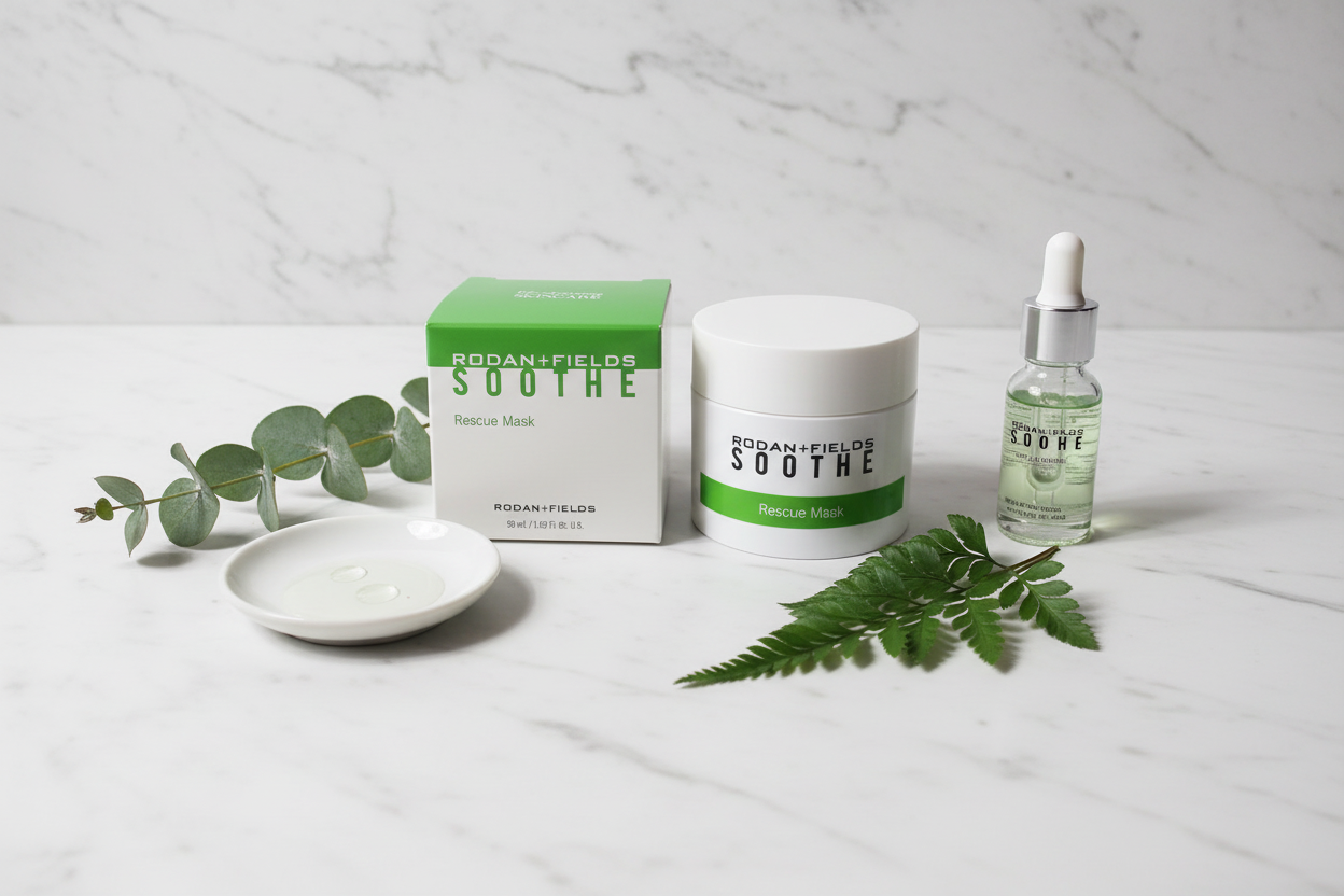 Rodan + Fields SOOTHE Rescue Mask white jar and box clean beauty flat lay with green botanicals and dropper bottle on marble – More4less Outlet