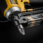 Macro close-up of the driving tip and 30-degree strip nailer magazine on the Paslode F-350S