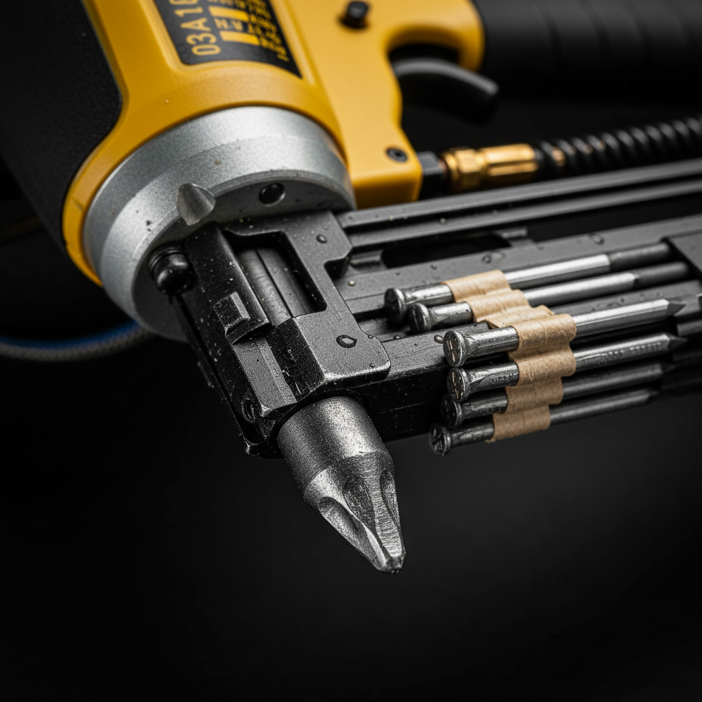 Macro close-up of the driving tip and 30-degree strip nailer magazine on the Paslode F-350S