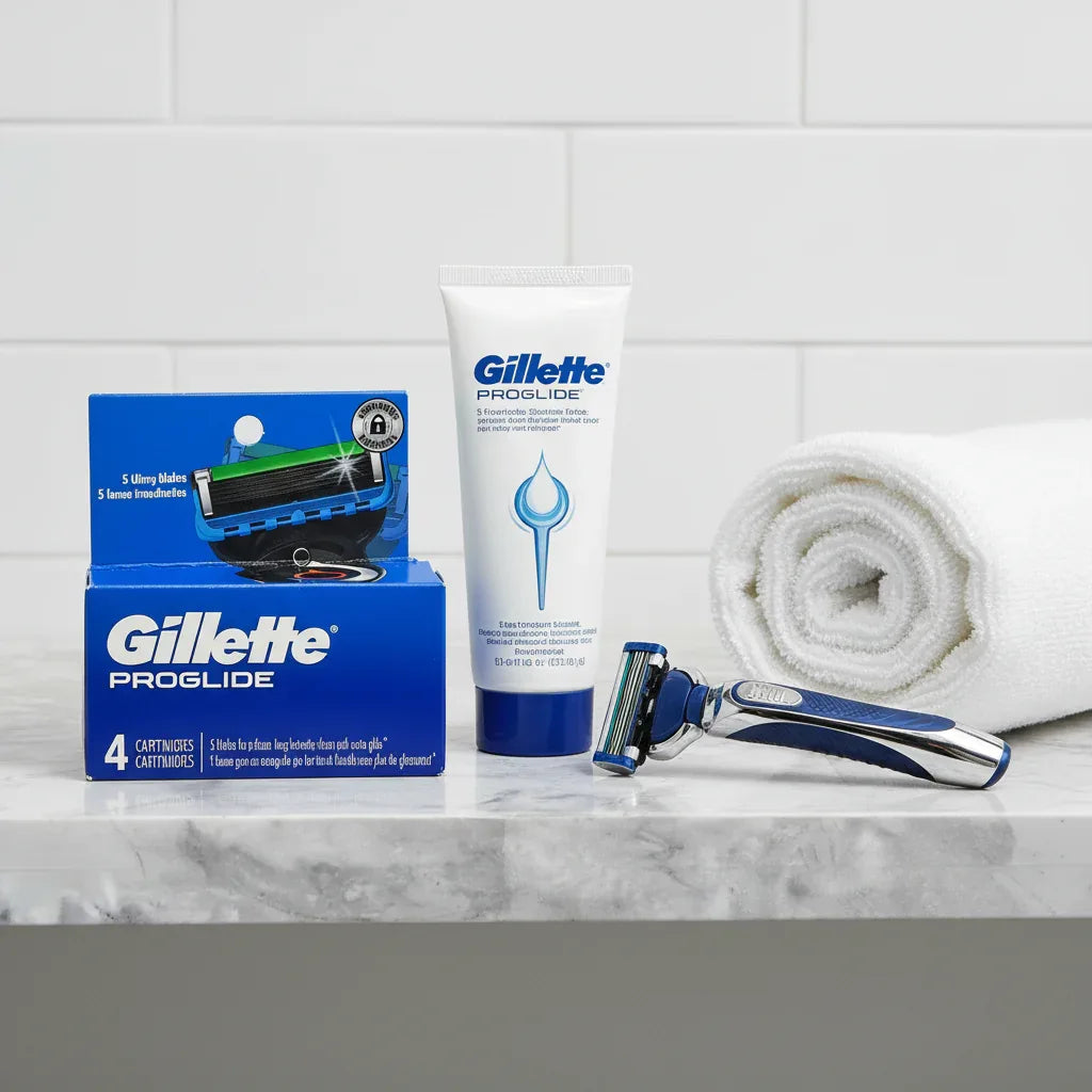 Gillette ProGlide razor blade refills on marble bathroom shelf with shaving cream and towel