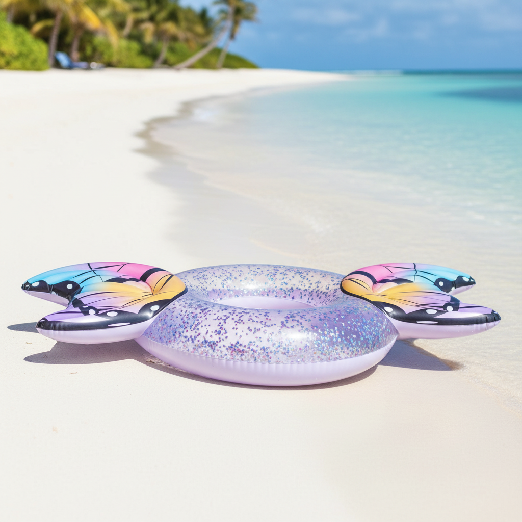 PoolCandy Glitter Butterfly Pool Tube on white sandy beach with turquoise ocean water