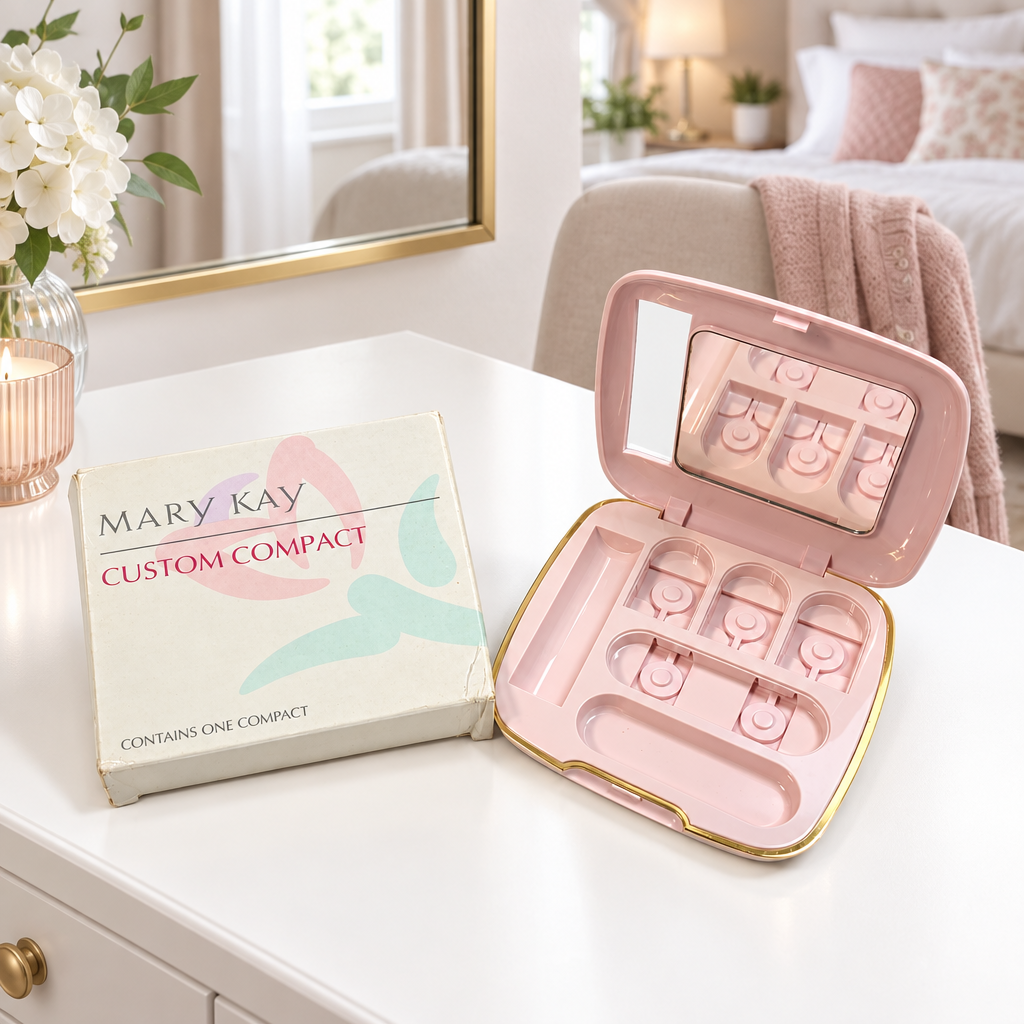 AI-generated lifestyle scene of an empty Mary Kay Custom Compact and box on a bedroom dressing table