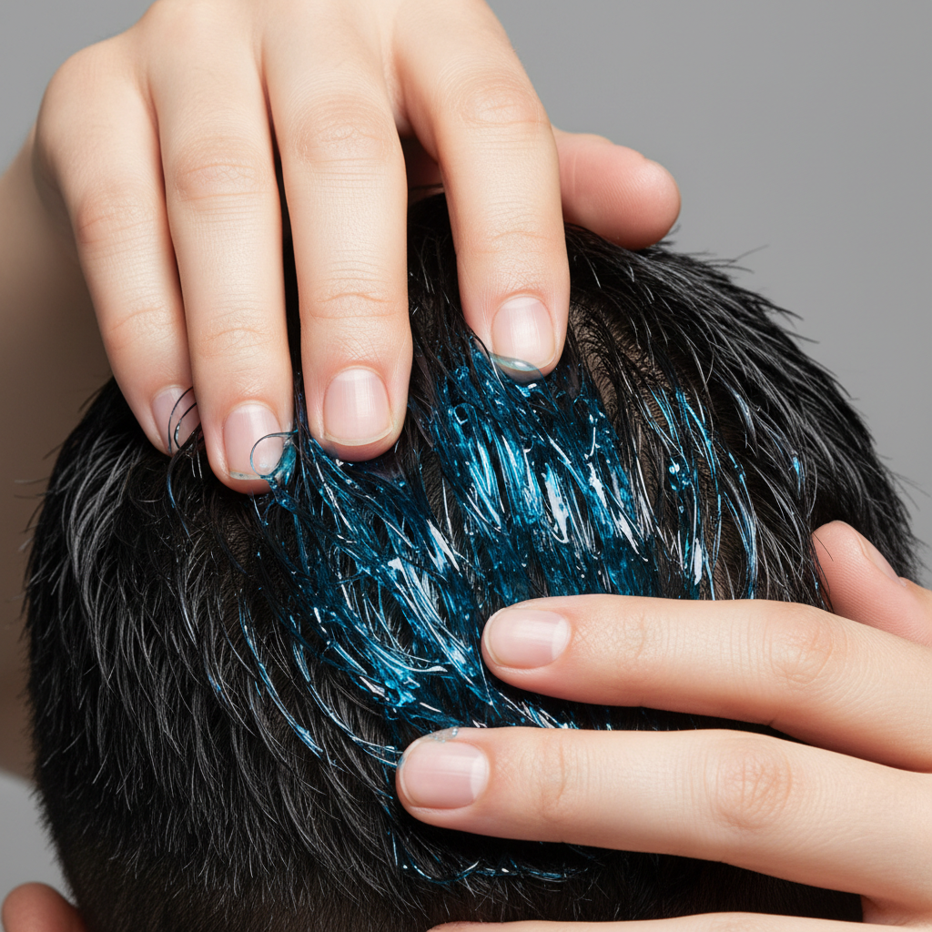 Fingers applying blue hair gel through short hair showing high shine hold close-up lifestyle photo
