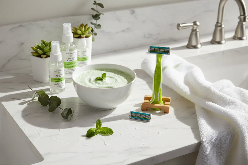 Morning sunlight highlighting a smooth shaving routine with fresh green aesthetic on white marble bathroom counter