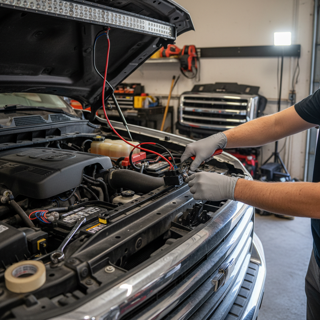 Person installing wiring harness under truck hood connecting LED light bar black relay ring terminals garage DIY automotive lighting installation - More4less Outlet