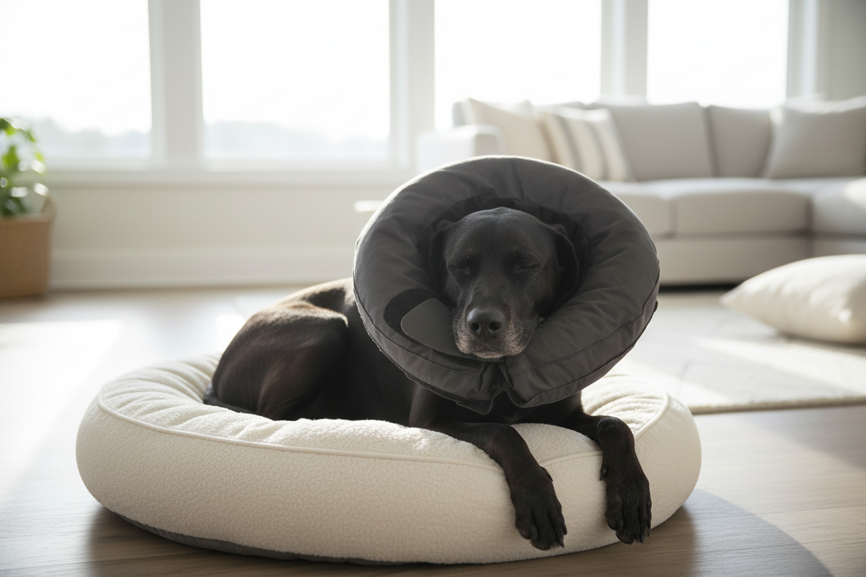 Dog wearing Vet Worthy Inflatable Protective Collar resting comfortably on dog bed — soft inflatable recovery cone alternative for dogs