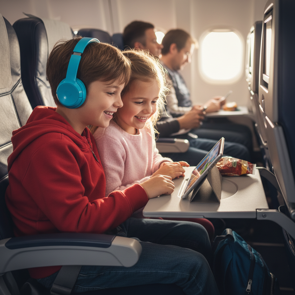 Two kids sharing headphones on airplane watching tablet together during travel