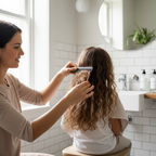 Parent gently combing through child's hair with a fine-tooth comb at home, family hair care lifestyle photography