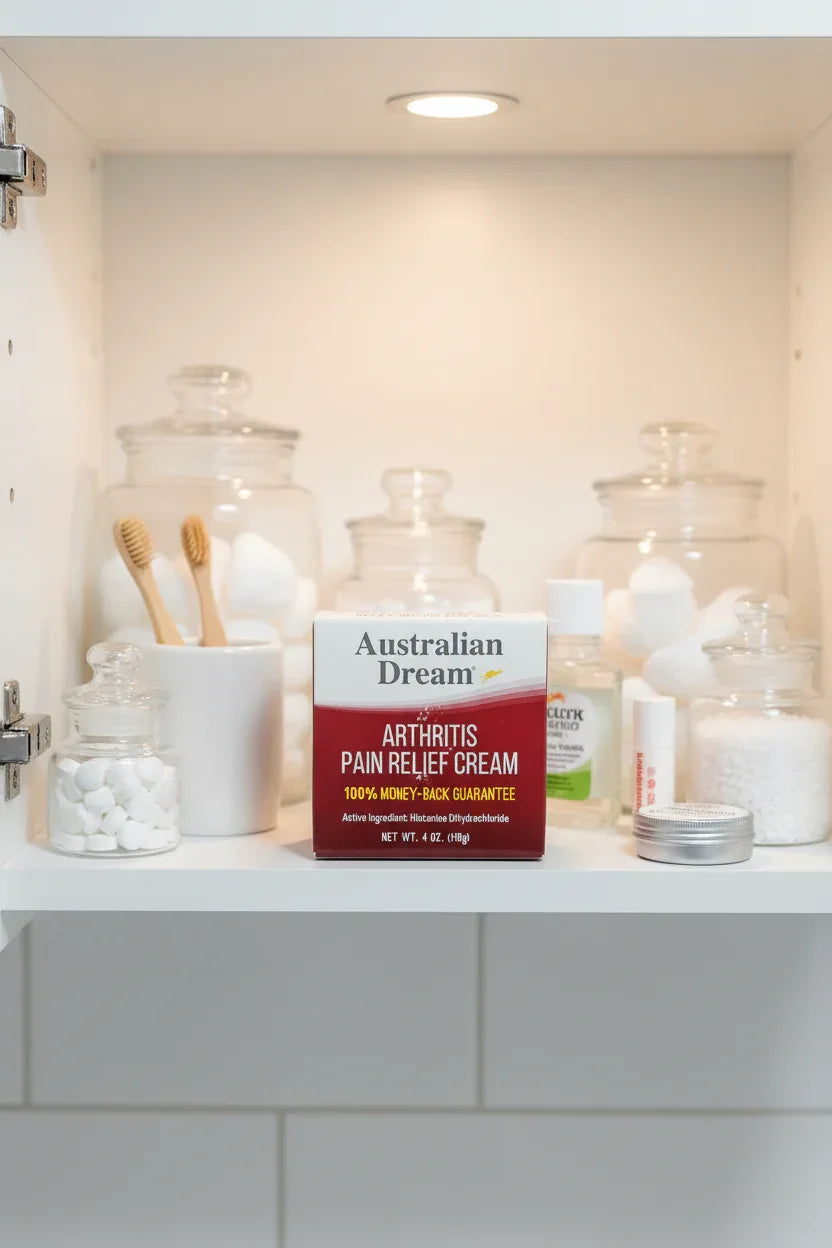 Australian Dream Arthritis Pain Relief Cream in white medicine cabinet with glass apothecary jars and wellness supplies — More4less Outlet