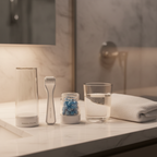 Rodan and Fields REDEFINE AMP MD System white derma-roller and serum capsule jar on white bathroom counter next to white towel and glass of water – More4less Outlet