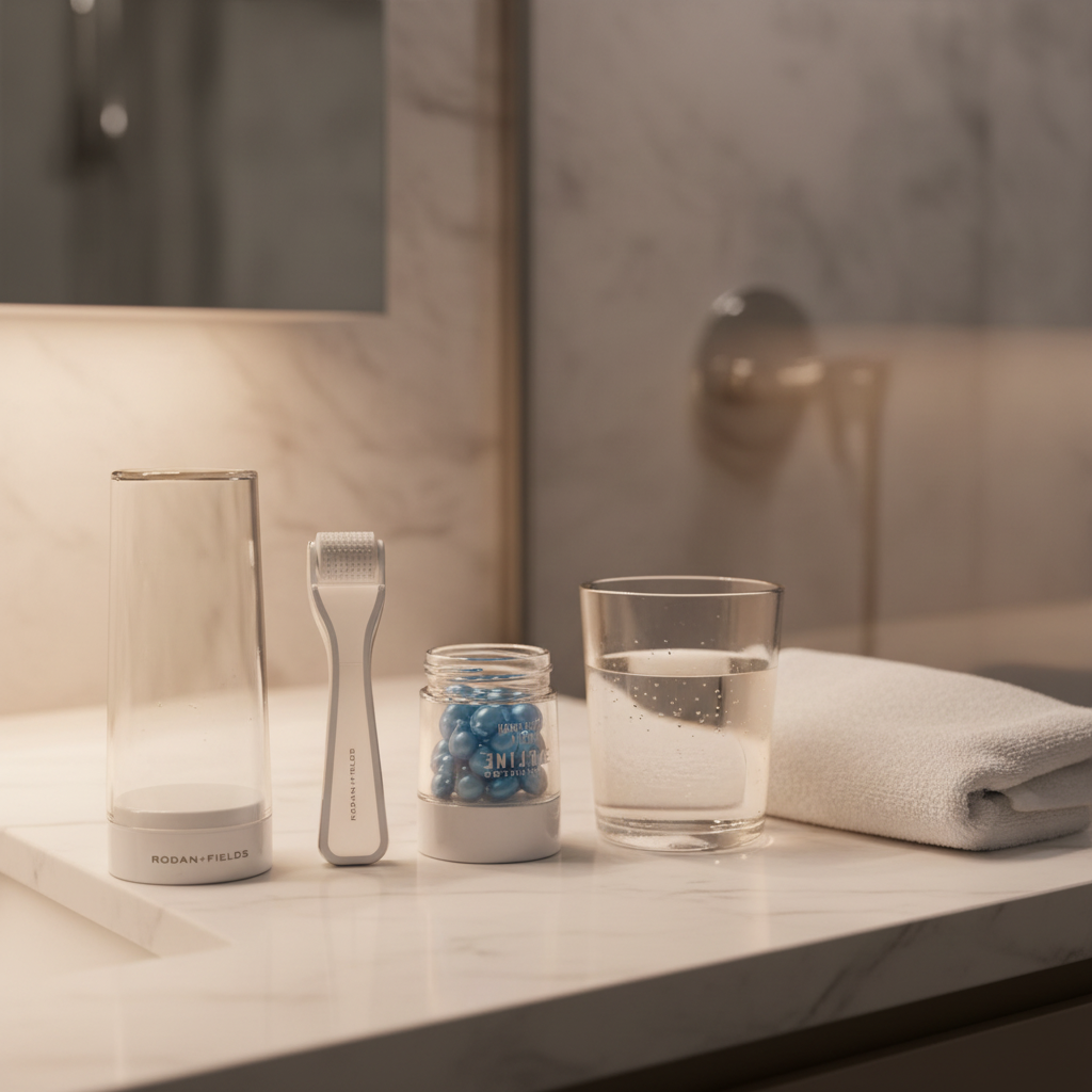 Rodan and Fields REDEFINE AMP MD System white derma-roller and serum capsule jar on white bathroom counter next to white towel and glass of water – More4less Outlet