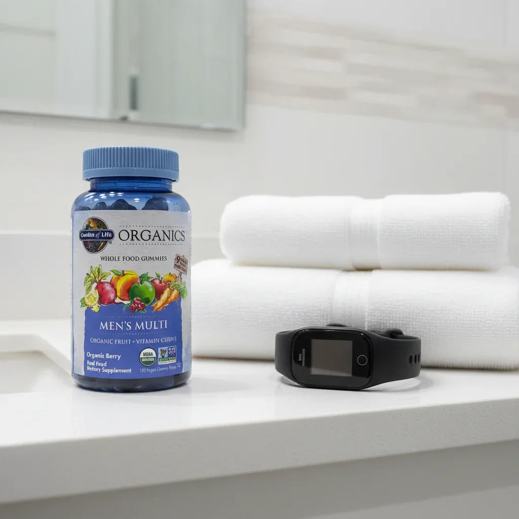 Garden of Life Mykind Organics Men's Multi bottle on white quartz bathroom vanity shelf with premium white linen towels and tech fitness watch