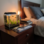 Aqueon flat heater next to small desktop fish tank on nightstand, warm ambient glow, relaxing home lifestyle