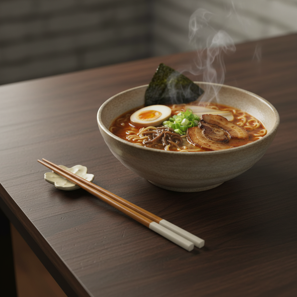 Infuse Spring Day bamboo chopsticks resting on ceramic flower rest next to steaming bowl of ramen on dark-oak dining table