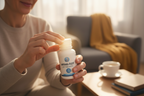 Person with arthritis-affected hands opening a pill bottle with ease, joint pain relief lifestyle photography