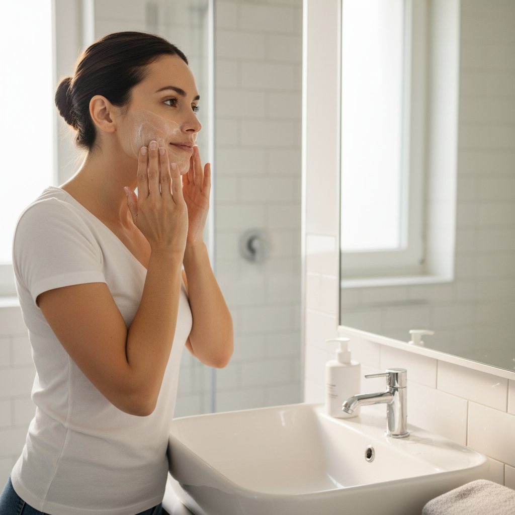 Woman lathering gel cleanser on her face in circular motions at a bathroom sink during morning skincare routine