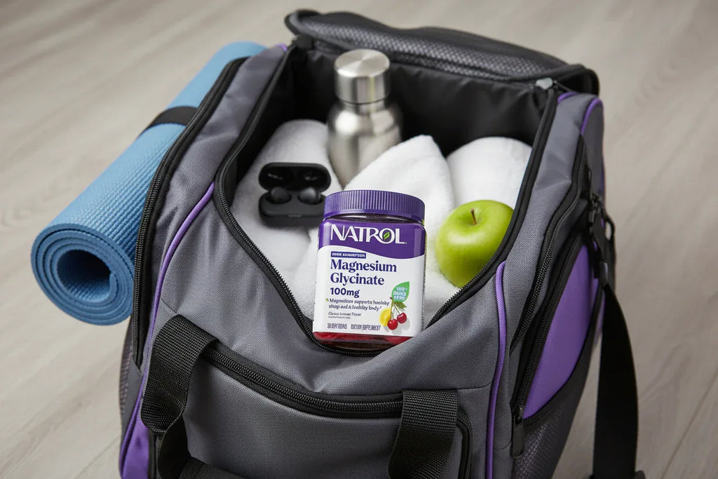 Natrol Magnesium Glycinate jar in athletic gym bag scene fitness supplement lifestyle