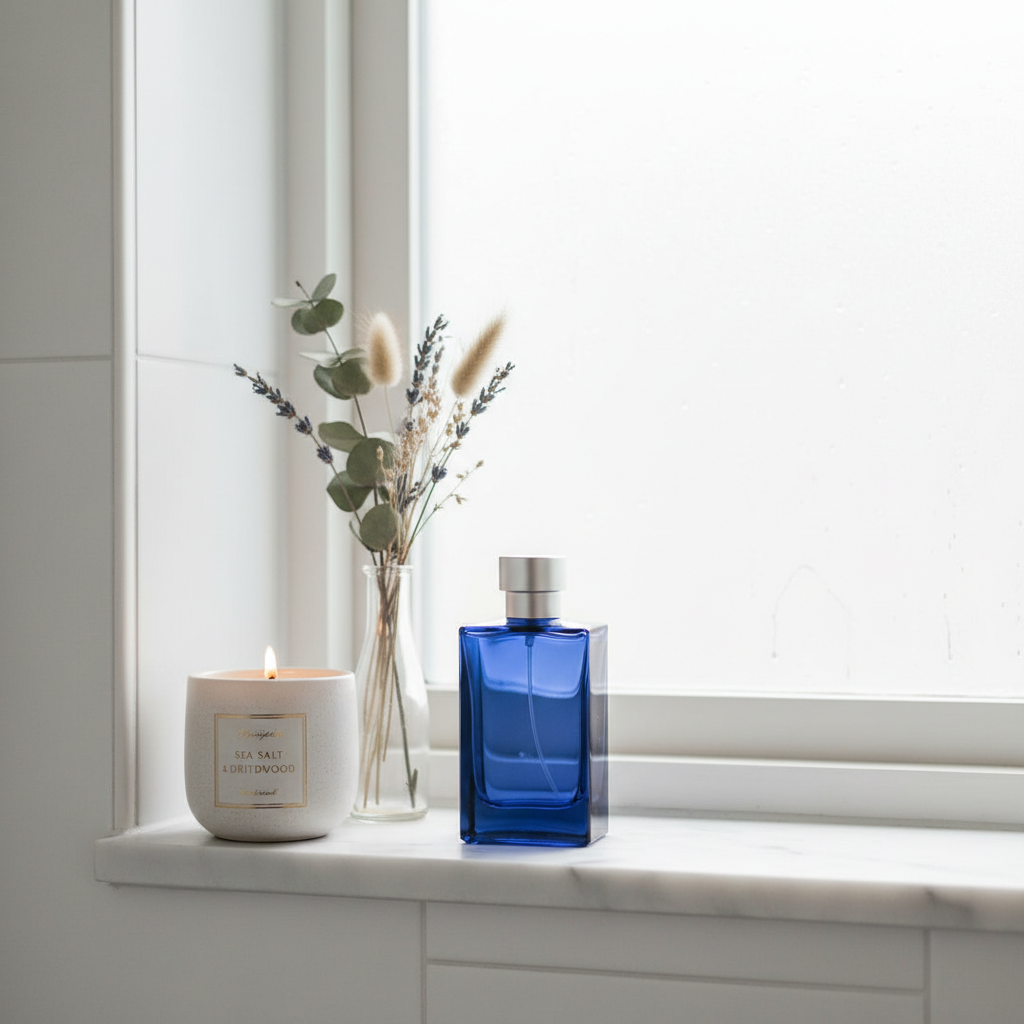 Sleek blue fragrance bottle on minimalist bathroom shelf beside sea salt candle and dried botanicals