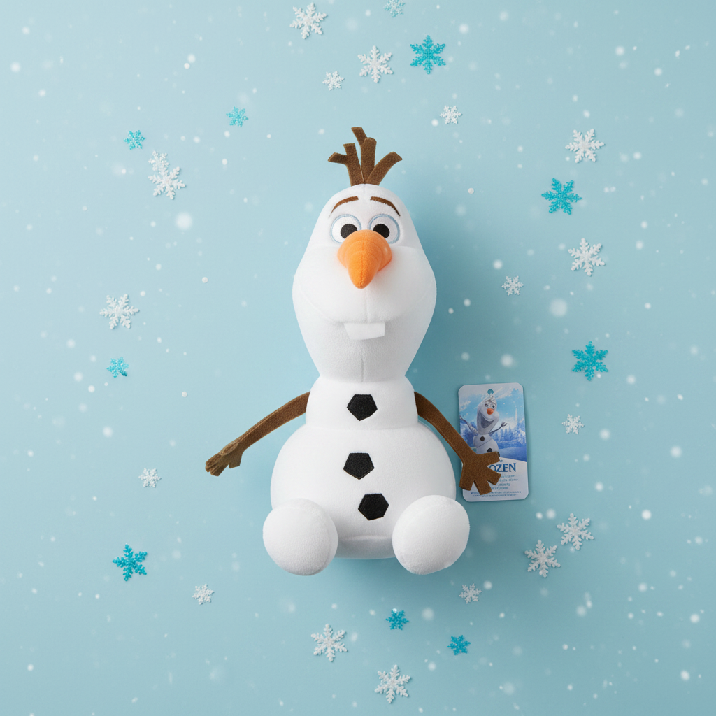 Disney Frozen Olaf plush flat lay on light blue surface with snowflake confetti and gift tag