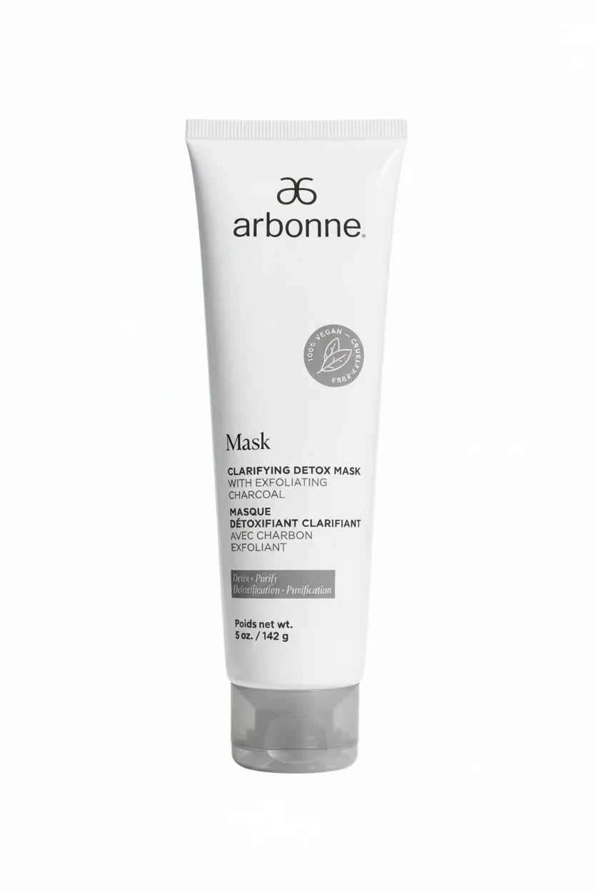 Arbonne Clarifying Detox Mask white tube bright studio white background product shot