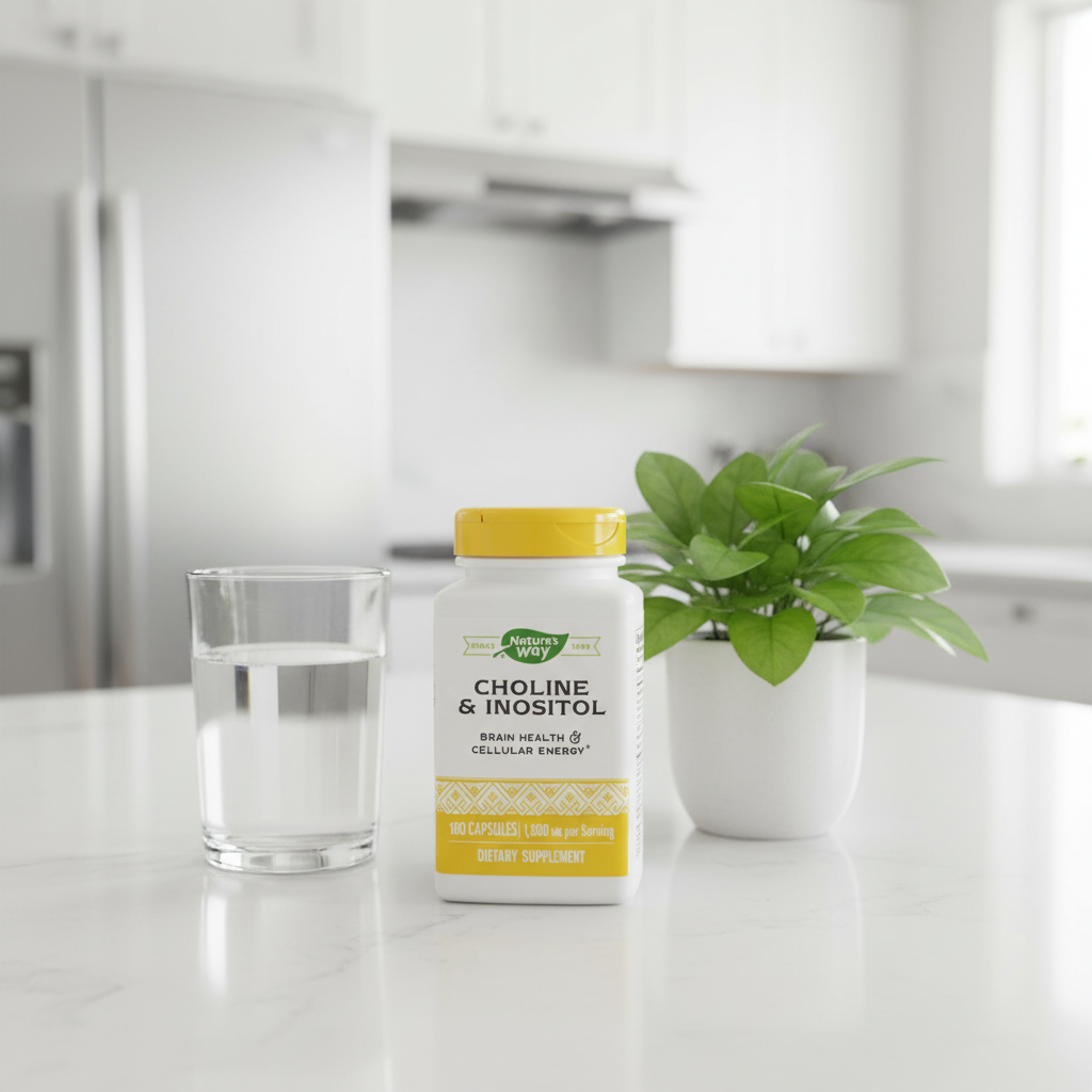 Nature's Way Choline and Inositol bottle on modern white quartz kitchen island with small organic leafy houseplant and crystal-clear glass of water