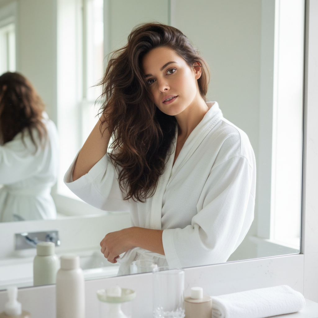 Woman running fingers through healthy thick hair in front of bathroom mirror, confident woman with full voluminous hair