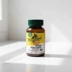 MegaFood Women's 40+ One Daily multivitamin amber glass bottle with dark green cap in soft natural window light on white quartz – More4less Outlet