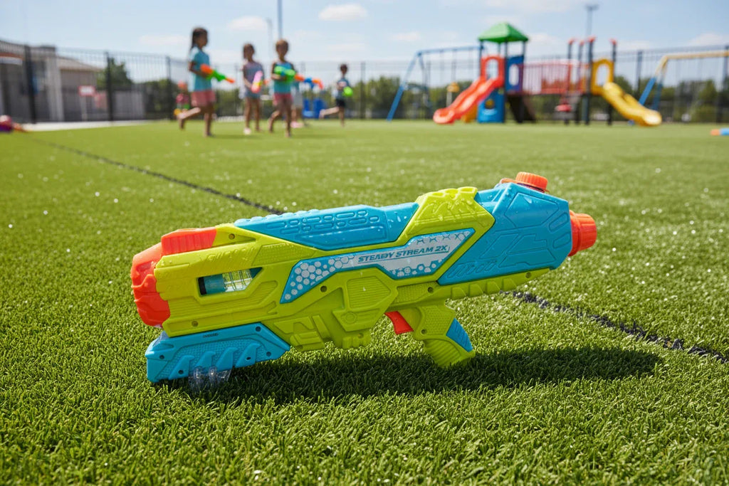 Wave Zone Steady Stream 2X water blaster on sunlit outdoor play area with artificial turf