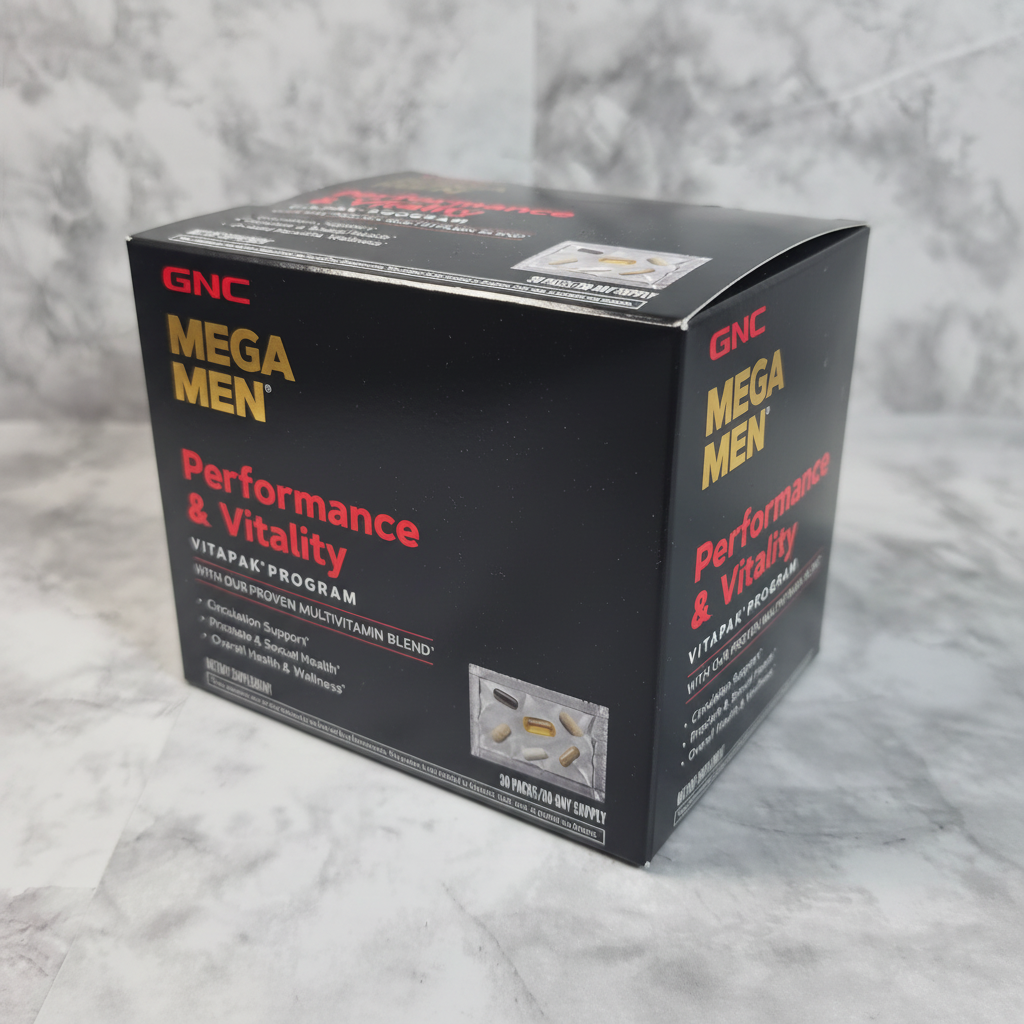AI-generated contextual close detail of GNC Mega Men Performance & Vitality Vitapak Program 30-pack box