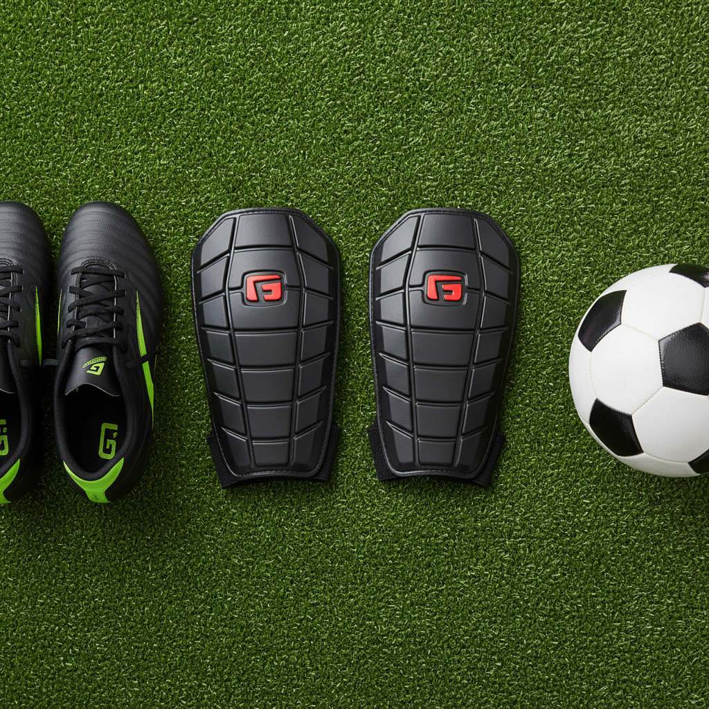 G-Form Pro-S Blade Shin Guards flat lay on soccer turf with cleats and ball