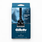 Gillette Intimate Pubic Hair Razor retail box viewed from directly above on a white background