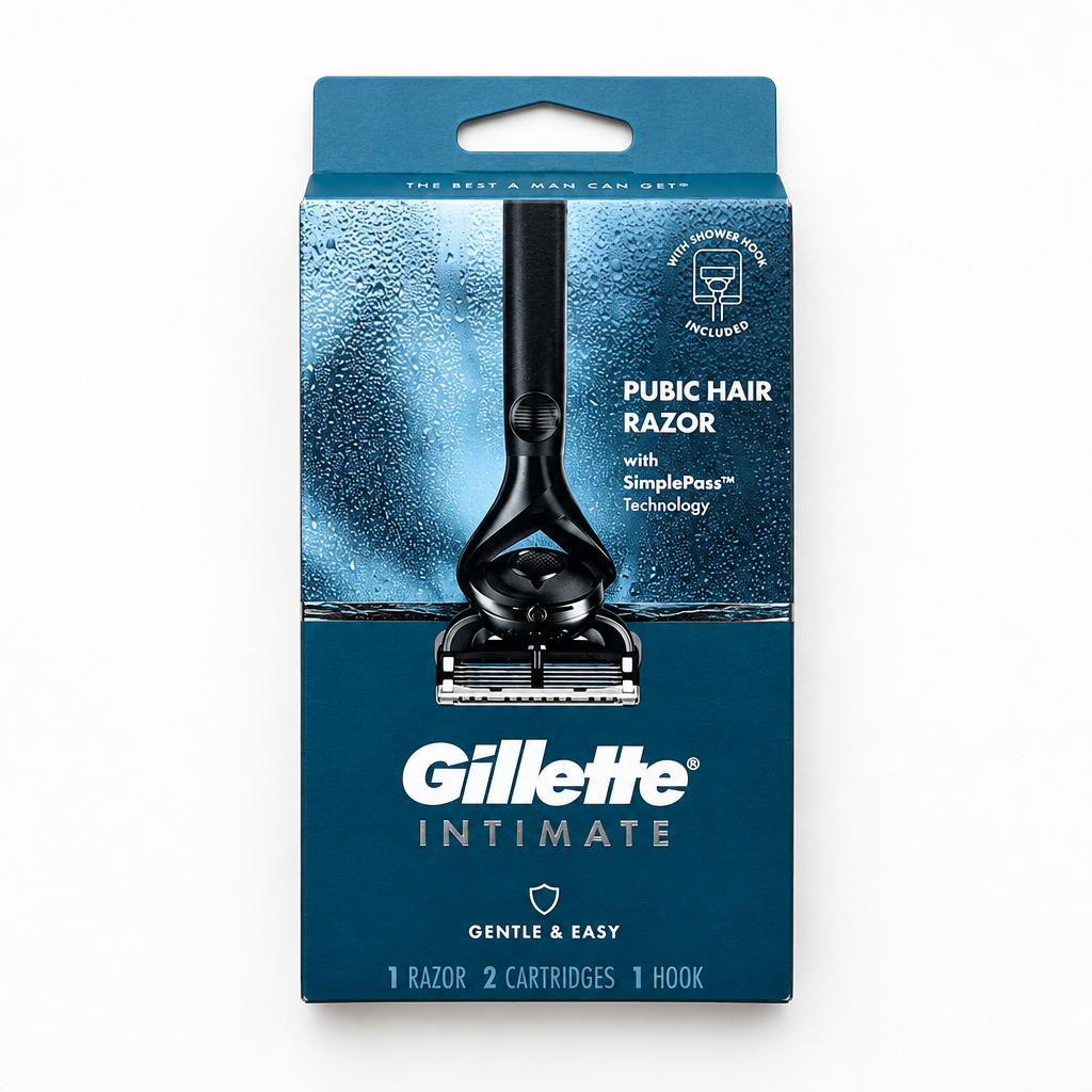 Gillette Intimate Pubic Hair Razor retail box viewed from directly above on a white background