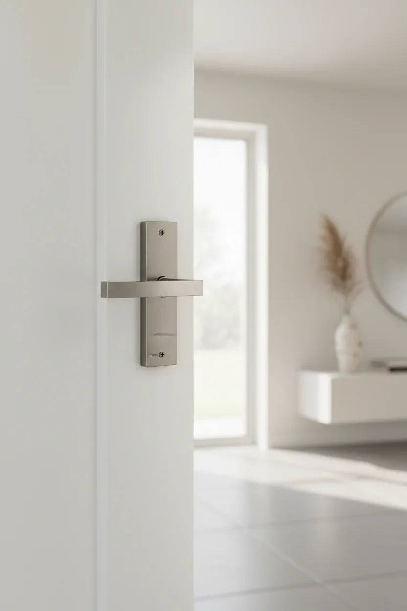 Baldwin Reserve contemporary half-dummy door lever on white interior door in minimalist home entryway