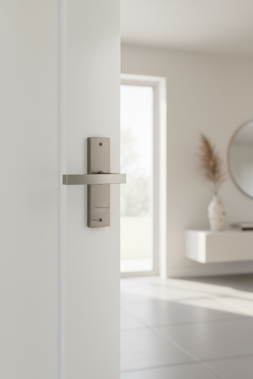 Baldwin Reserve contemporary half-dummy door lever on white interior door in minimalist home entryway