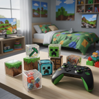 Completed Minecraft 3D sticker shakers displayed on desk next to gaming controller — More4less Outlet